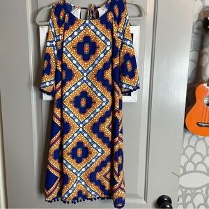 B. Darlin Size 3/4 Dress Shift Cold Shoulder Pom Pom Trim Shift Blue Orange
